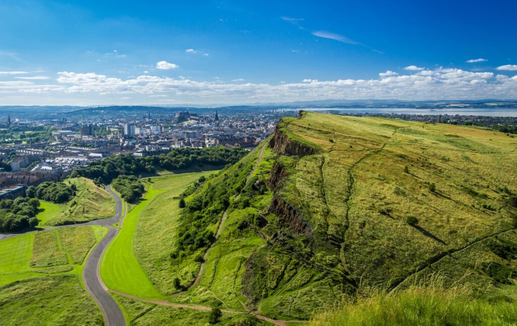 Edinburgh and green hills in summer