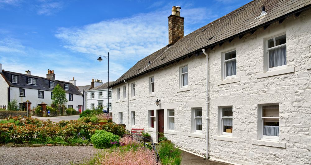 Picturesque row of white cottages in Kirkcudbright
