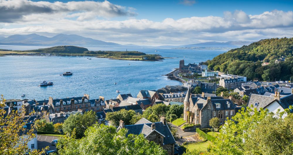 Aerial view of small town Oban in Scotland