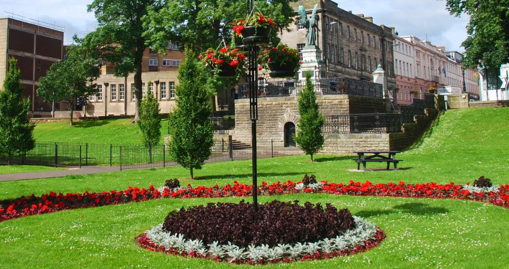 A view of the floral displays in the park behind the war memorial in Cupar