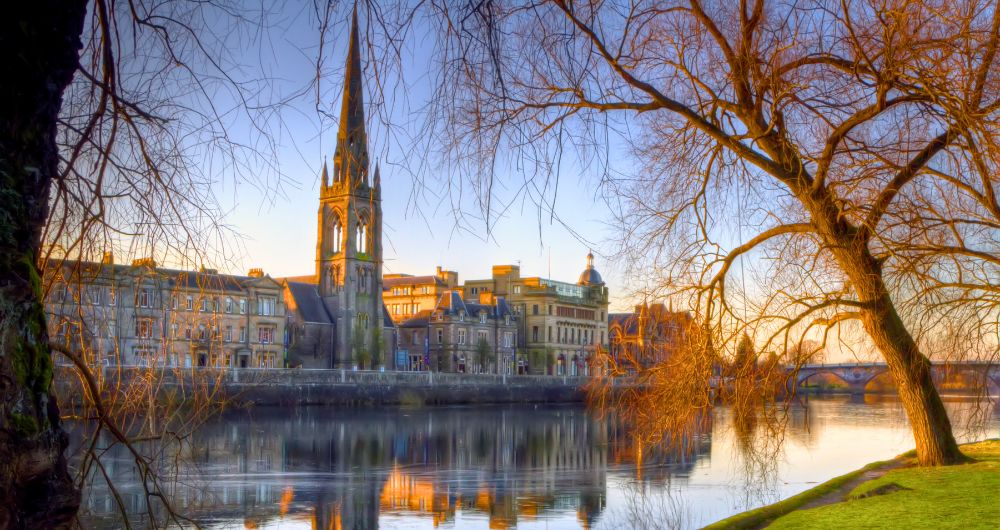 Church reflection on the river Tay